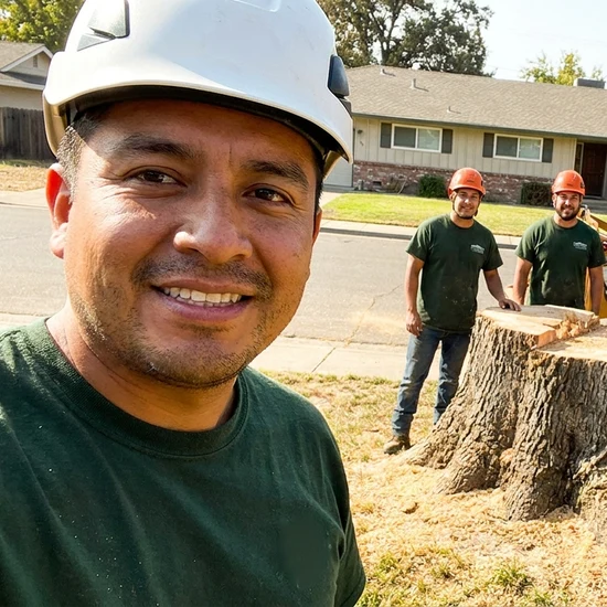 Smiling Best Choice Tree Service crew selfie after removing a large oak in Houston
