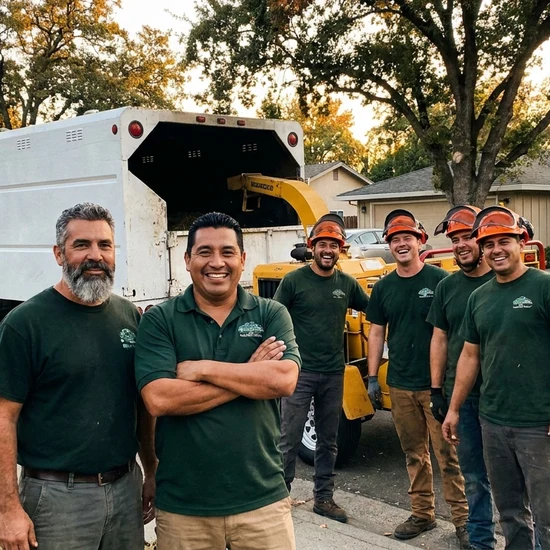 Tree service owner and crew with chip truck on a Houston street